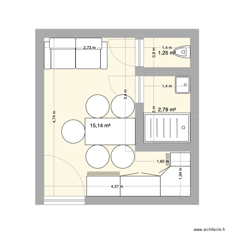 Studio. Plan de 3 pièces et 19 m2