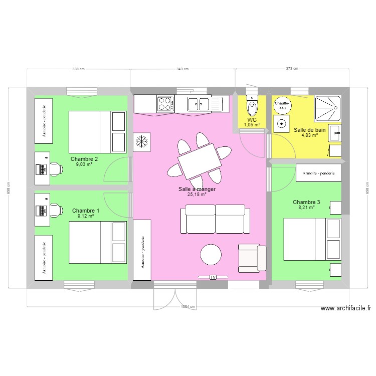 Plan chalet n°1. Plan de 6 pièces et 57 m2