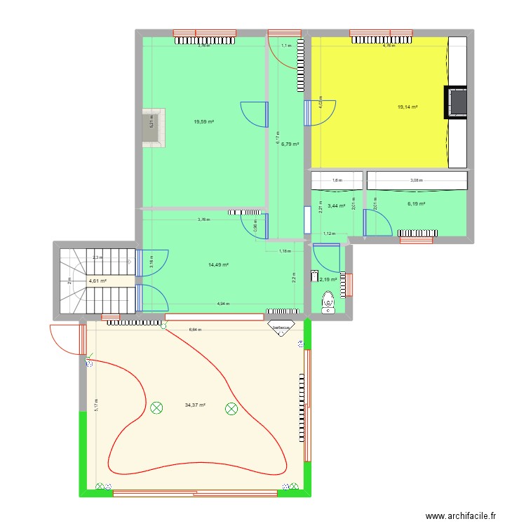 Plan Rdc extension - Bombart. Plan de 9 pièces et 111 m2