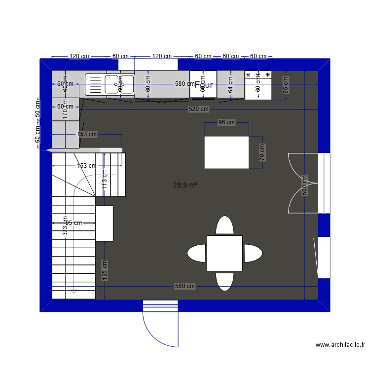 cuisine. Plan de 1 pièce et 29 m2