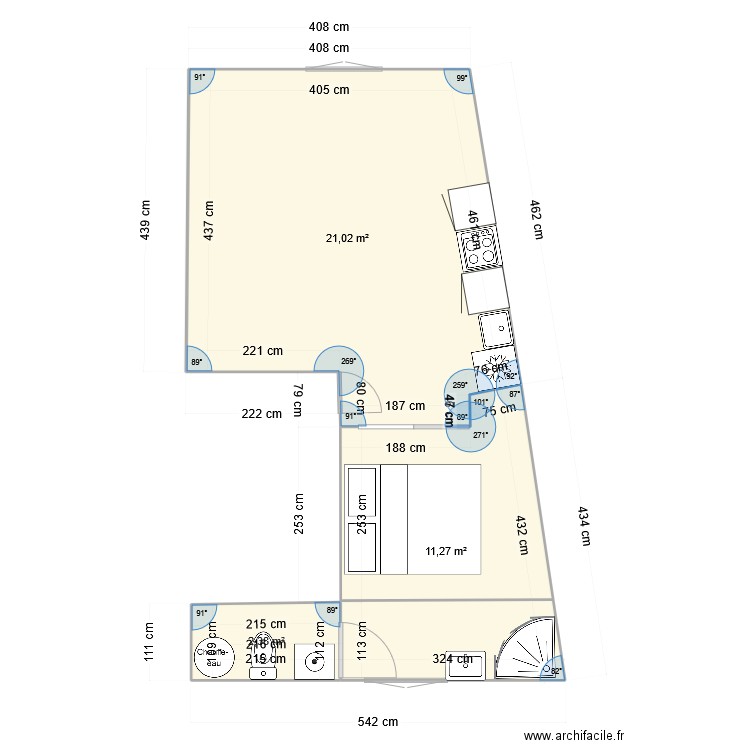 appart l d'A  2. Plan de 3 pièces et 35 m2