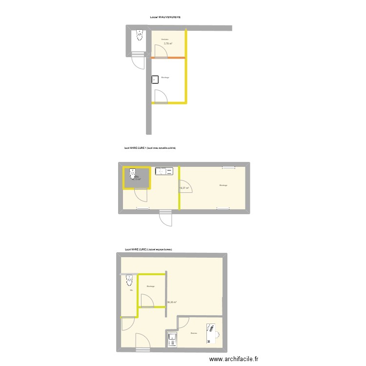 Locaux concierge. Plan de 4 pièces et 66 m2