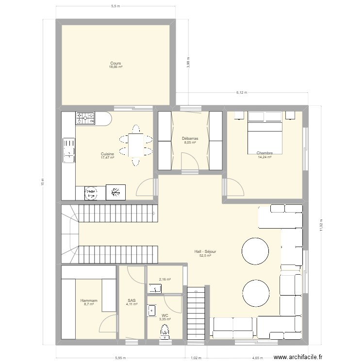 S/S. Plan de 9 pièces et 129 m2