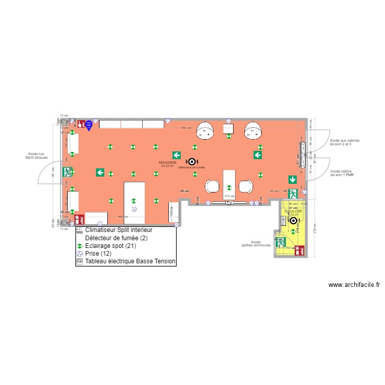 espace vente. Plan de 4 pièces et 38 m2