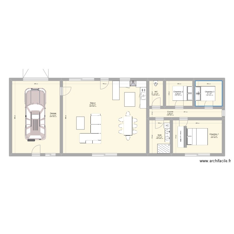 Prototype maison ossature bois. Plan de 8 pièces et 128 m2