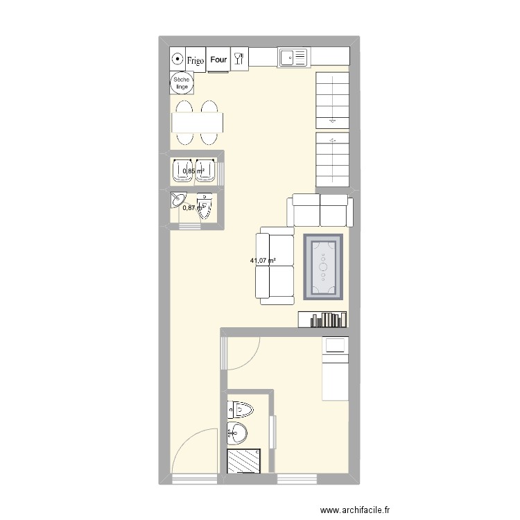 rez de chaussée. Plan de 3 pièces et 43 m2