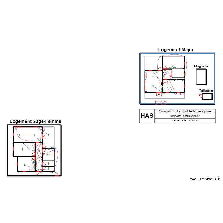 CIRCUIT EXISTANT LAMPES ET PRISES LOGE MAJOR CS ADJAHA. Plan de 19 pièces et 171 m2