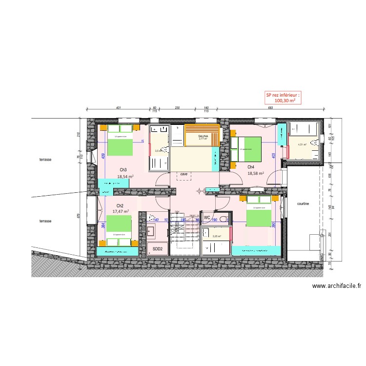 Béné r jardin. Plan de 4 pièces et 14 m2