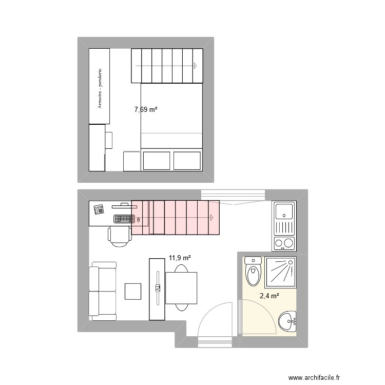 duplex. Plan de 3 pièces et 22 m2