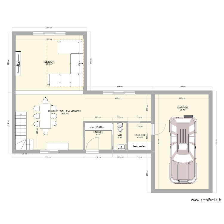 RDC. Plan de 6 pièces et 88 m2