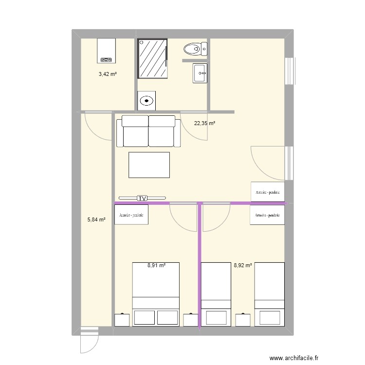 rdc. Plan de 5 pièces et 49 m2