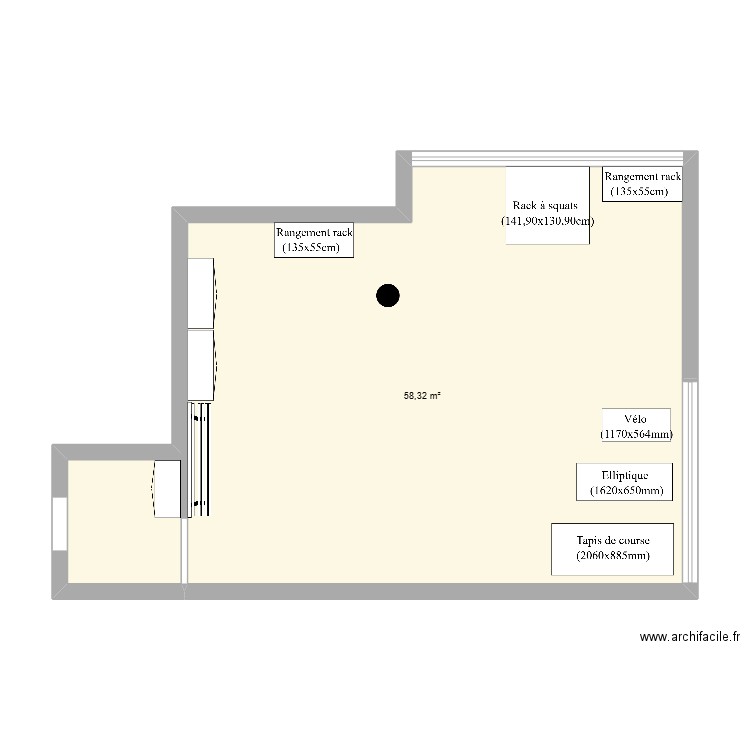 Salle de sport. Plan de 1 pièce et 58 m2