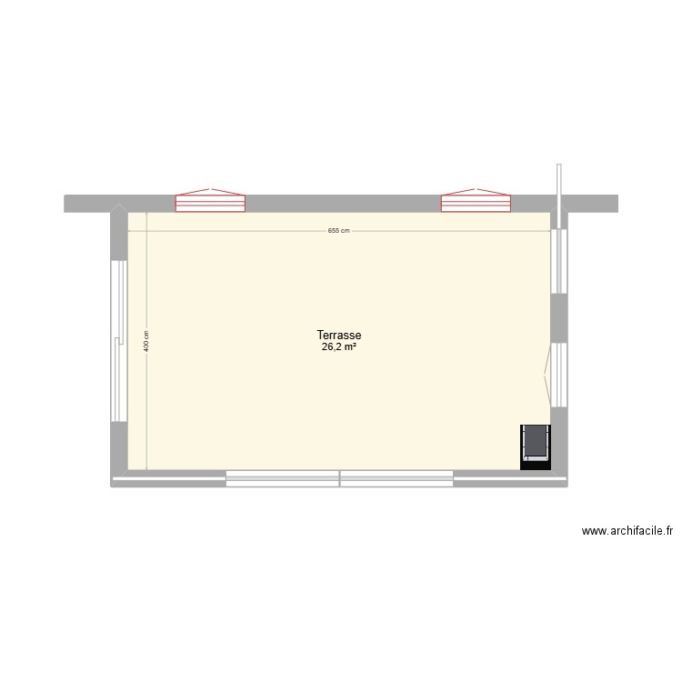 terrasse. Plan de 1 pièce et 26 m2