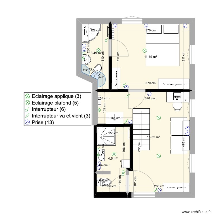 dépendance rez de chaussée escalier droit. Plan de 4 pièces et 35 m2