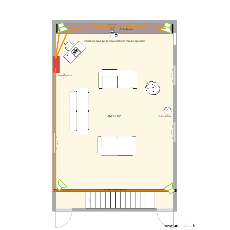 grand salonavec gaine audio. Plan de 1 pièce et 52 m2