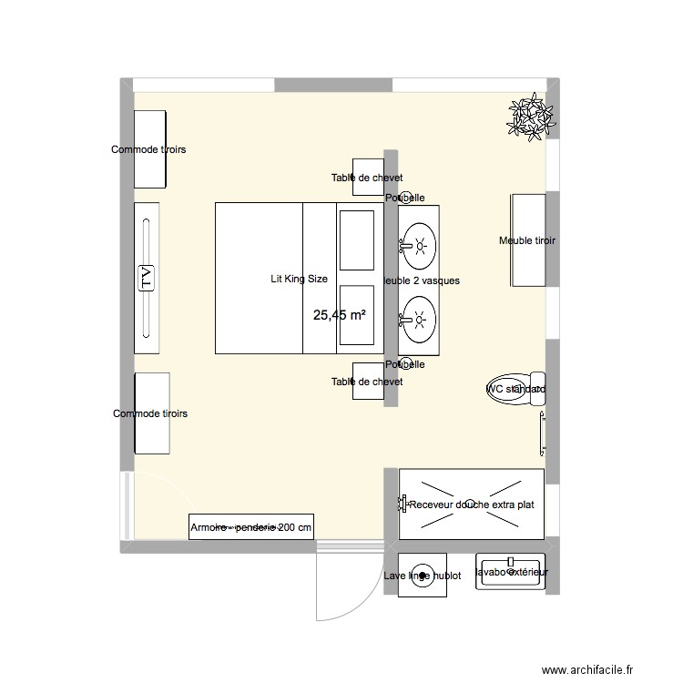 chambre salle de bain. Plan de 1 pièce et 25 m2