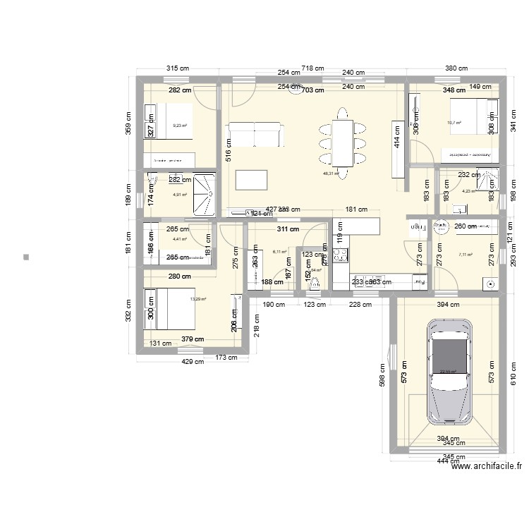 6: 3 chambres : 110m2 + 28 m2 garage . Plan de 11 pièces et 132 m2