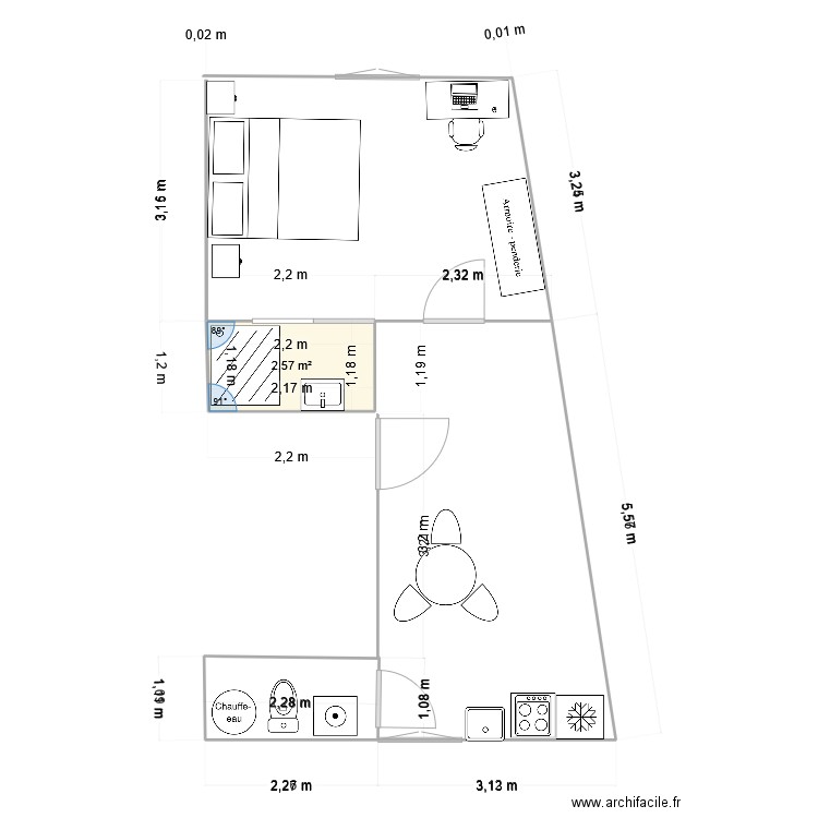 appart l d'A 3. Plan de 1 pièce et 3 m2