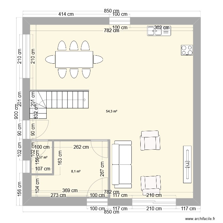 rdc maison gauche. Plan de 3 pièces et 75 m2