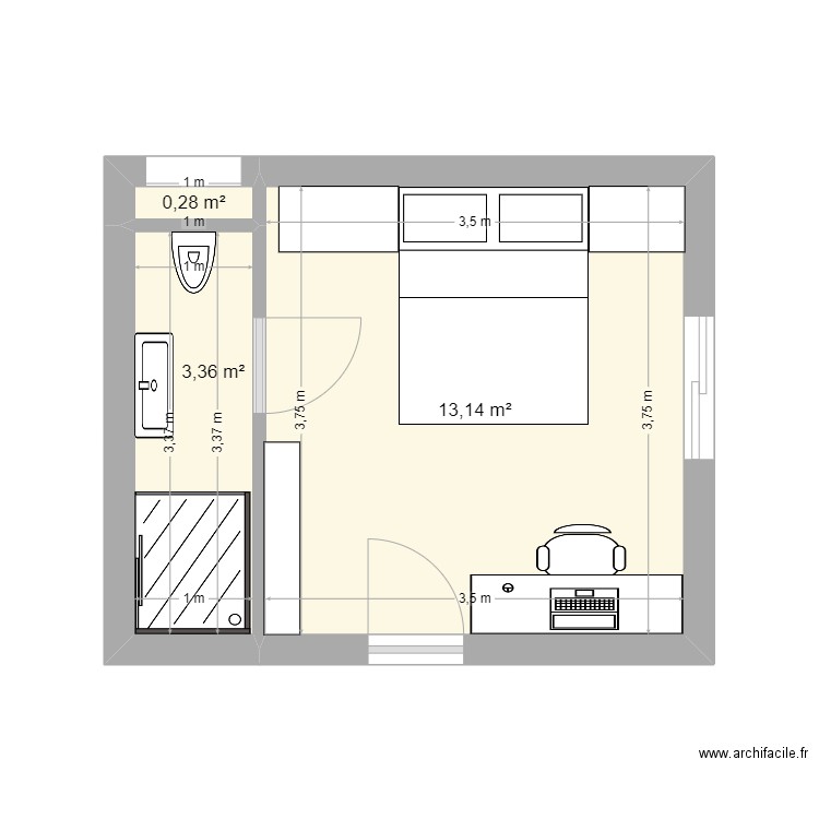 chambre gs. Plan de 3 pièces et 17 m2