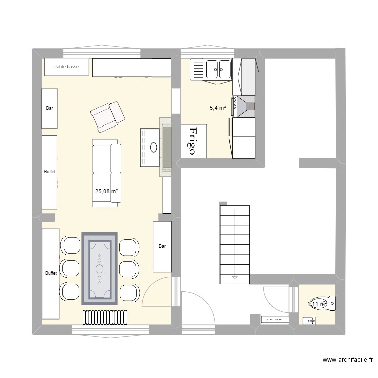 cuisine et living. Plan de 3 pièces et 32 m2