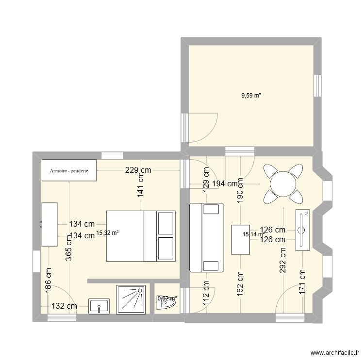 Appt 50m². Plan de 4 pièces et 41 m2