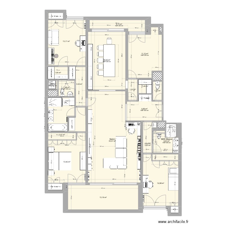 République, salon inversé. Plan de 26 pièces et 156 m2