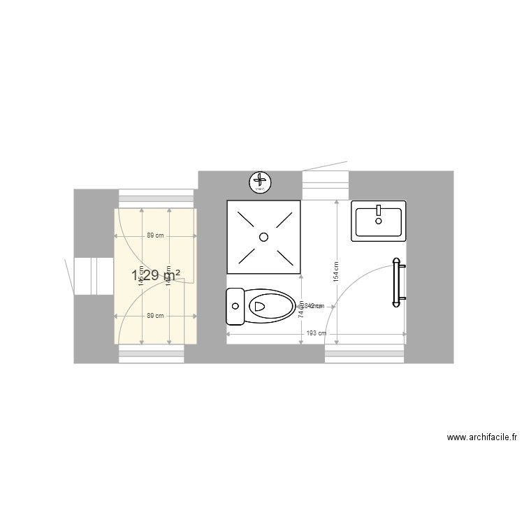 SDB3. Plan de 1 pièce et 1 m2