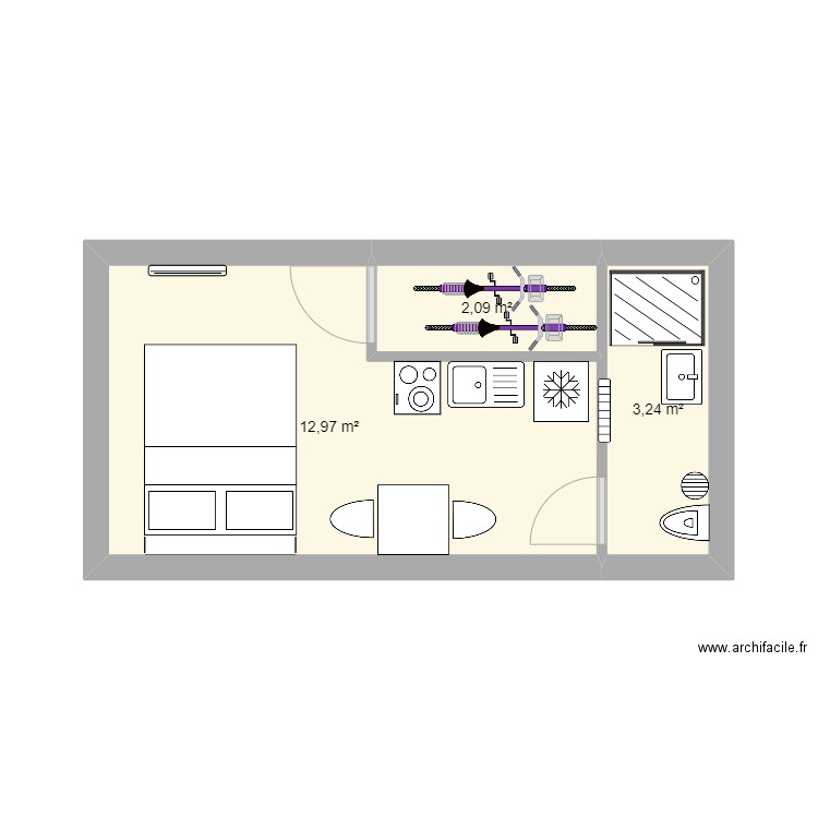 Les moutiers bis. Plan de 3 pièces et 18 m2