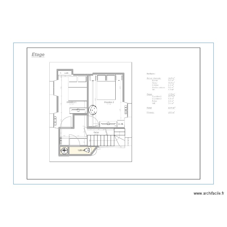 Renovation étage Granville. Plan de 2 pièces et 1 m2