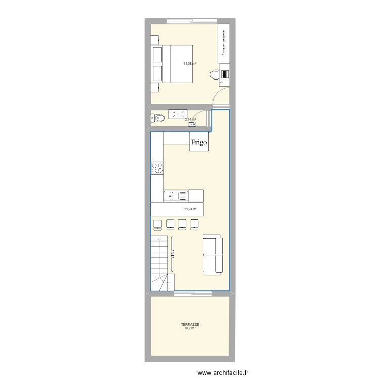 Petit canal 54. Plan de 4 pièces et 56 m2