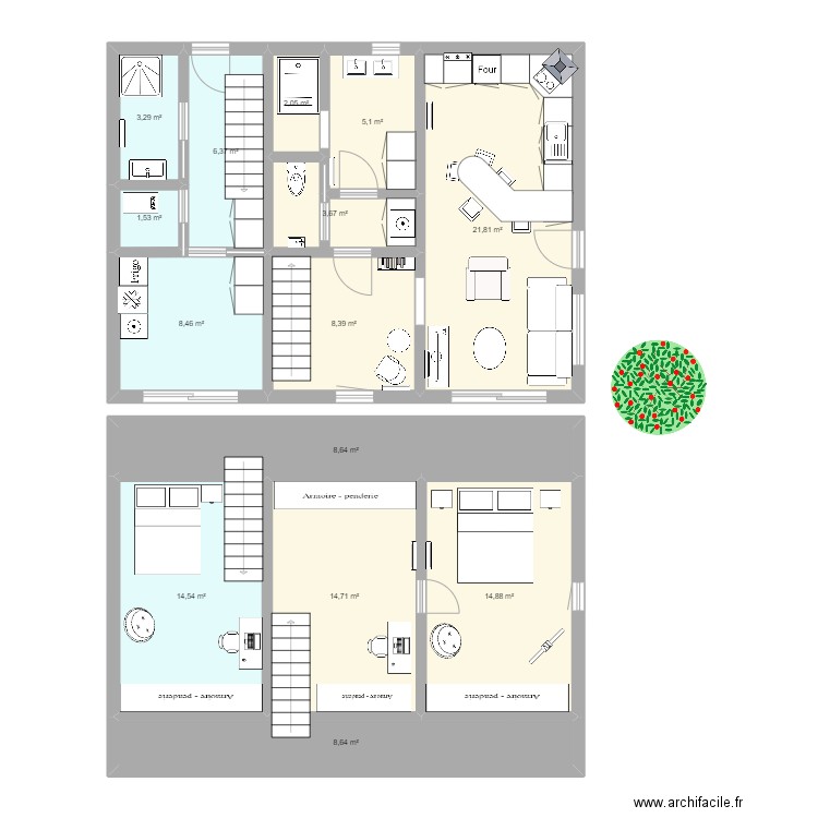 aménagement logement Vignette. Plan de 14 pièces et 122 m2