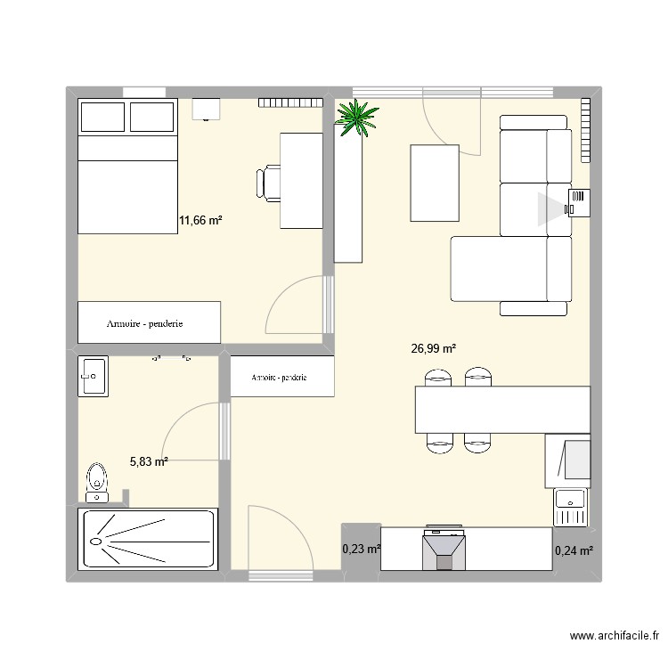 aménagement appart. Plan de 5 pièces et 45 m2