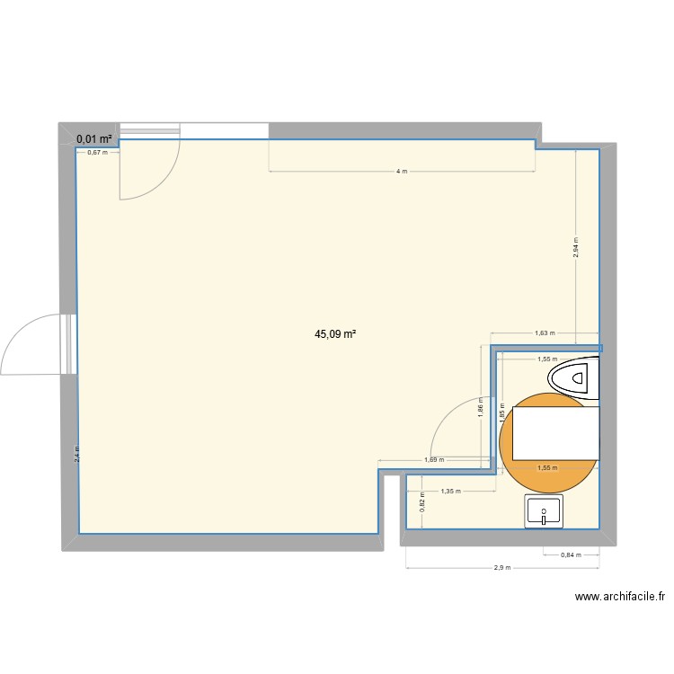 salle de repos sanitaire. Plan de 2 pièces et 45 m2