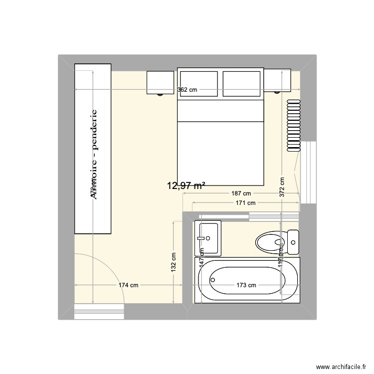 chambre nord. Plan de 1 pièce et 13 m2