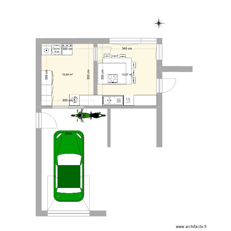 cuisine1. Plan de 2 pièces et 23 m2