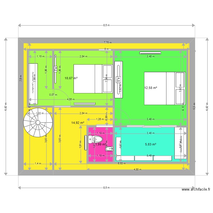 Projet étage Puce. Plan de 5 pièces et 46 m2