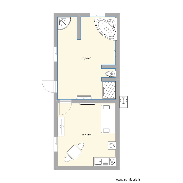 JS Balnéo. Plan de 2 pièces et 37 m2