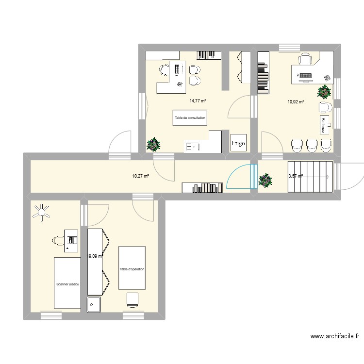 Plan d'un cabinet vétérinaire (Bureau et salle). Plan de 5 pièces et 59 m2