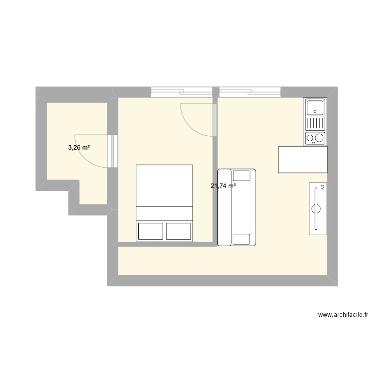 124 cours de l'yser. Plan de 2 pièces et 25 m2