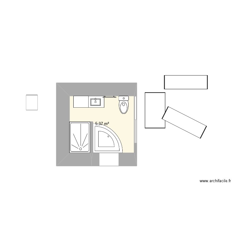 SdB RdC Baignoire angle et douche option 1. Plan de 1 pièce et 5 m2