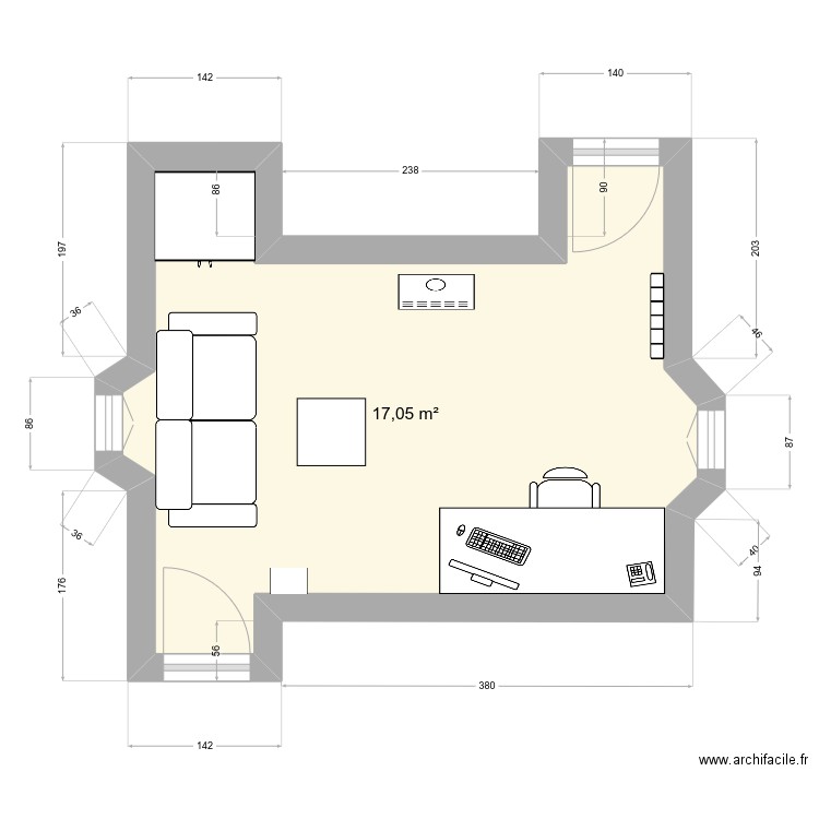 bureau. Plan de 1 pièce et 17 m2