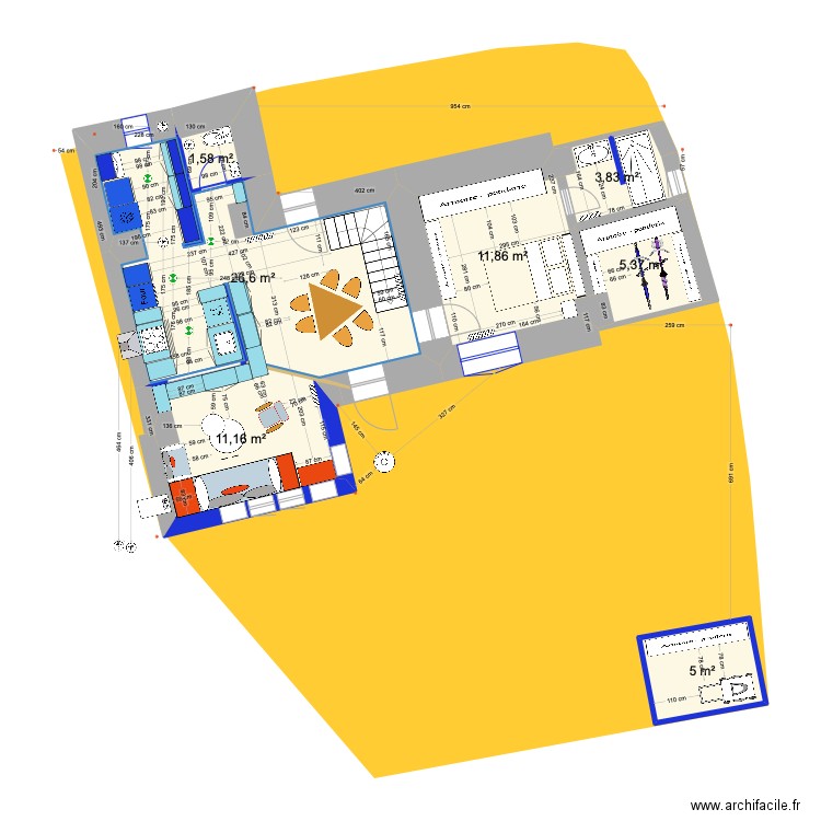 PRIEUX  RDC projet  salon sud. Plan de 7 pièces et 65 m2