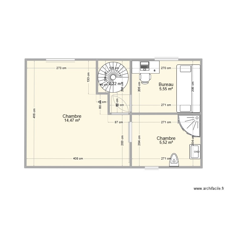 COMBLE . Plan de 4 pièces et 28 m2