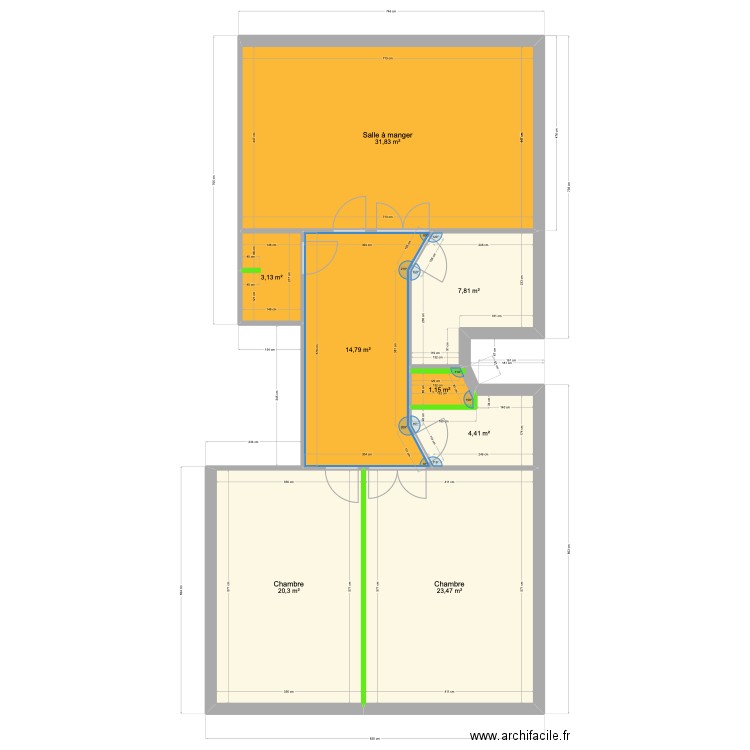 DEL GUERRA. Plan de 8 pièces et 107 m2