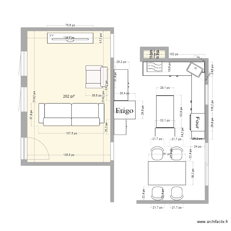 Cuisine. Plan de 2 pièces et 19 m2