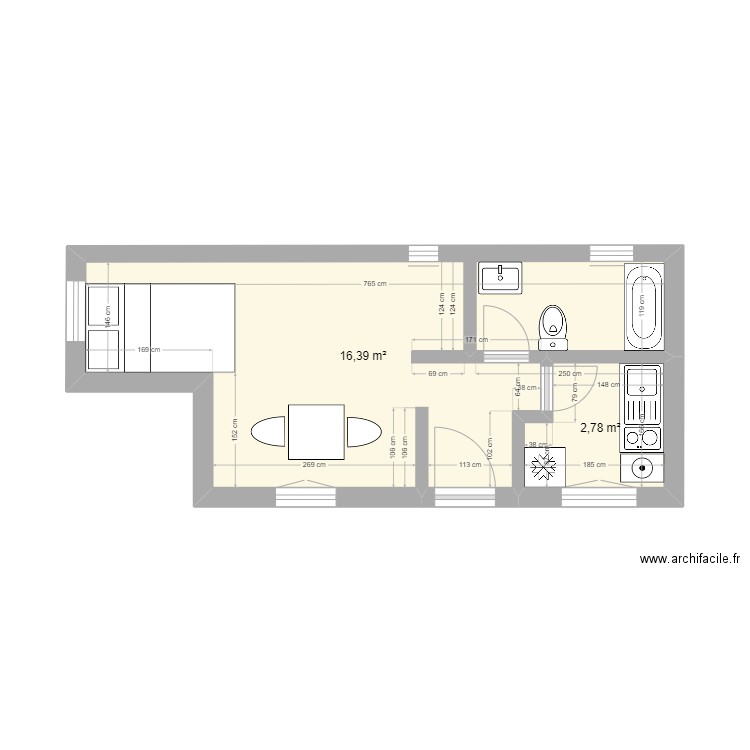 Port. Plan de 2 pièces et 19 m2