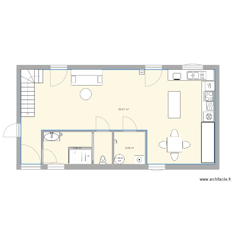 Etable avec pieces interieures. Plan de 3 pièces et 63 m2