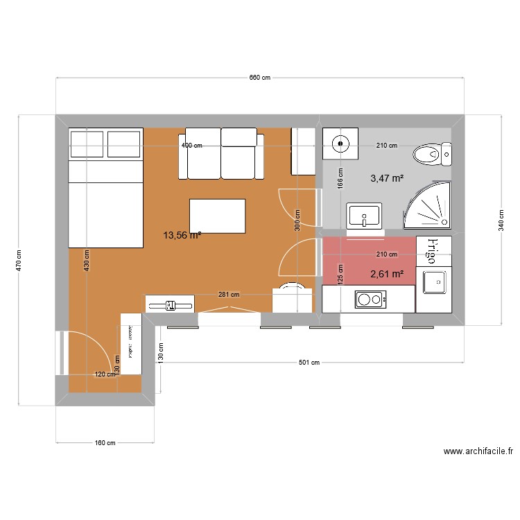 29 EGLISE. Plan de 3 pièces et 20 m2