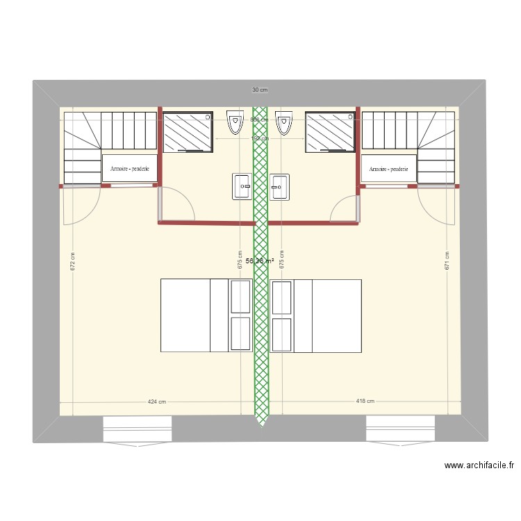 Plan étage avec 2 escaliers sans garage. Plan de 1 pièce et 56 m2